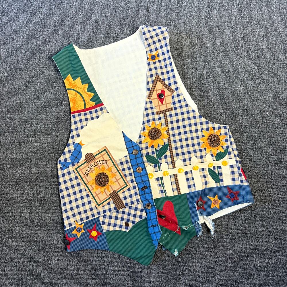 Vintage Y2k Sunflower Teacher Gingham Button Front Vest Women's Medium